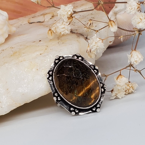 Natural Raw Tiger Eye Stone Silver Ring - Picture 1 of 6